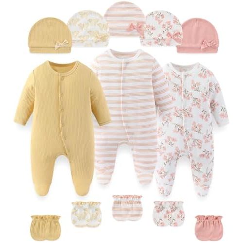 Fashion Baby Boy Girl Clothing Set Cotton Soft 3-Piece Long Sleeve Button Rompers 5-Pack Hats&Gloves Infant Clothes