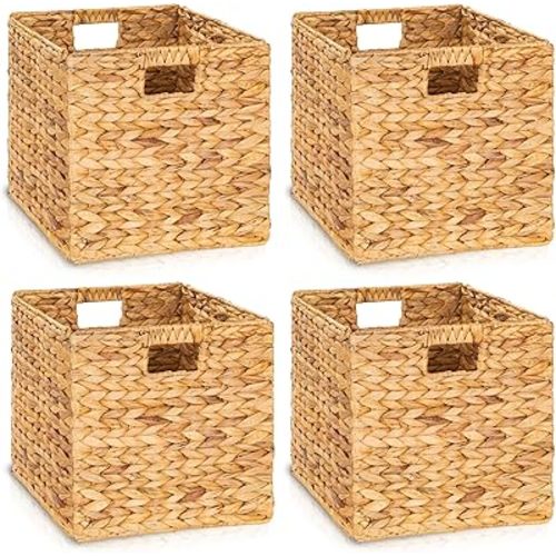 10.5x10.5x10.5 Wicker Storage Cubes, Water Hyacinth Storage Baskets, Set of 4 Collapsible Cube Organizers, Woven Bins for Bathroom, Bedroom, Laundry, Pantry, Shelves