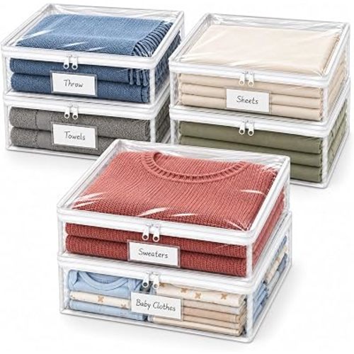 Clear Clothes Storage Bags with Zipper, 6 Pack, Sweaters and Sheets
