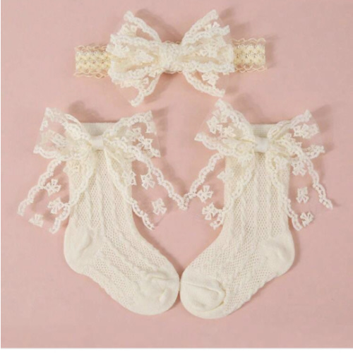 Set de 1 diadema con lazo de encaje y 1 pieza de calcetines de media pantorrilla con lazo de malla transpirable, accesorios para bebé, amor de San Valentín | SHEIN USA