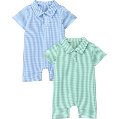 2 Pack Newborn Baby Boys' Short Sleeve Romper Soft Cotton Plaid Onesie Snap Closure Polo Summer Outfit 0-24 Months