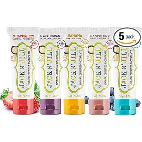 Jack N' Jill Natural Toddler Toothpaste - Fluoride Free Training Toothpaste for Toddlers 1-3, 40% Xylitol, BPA Free - 1.76 oz (Variety Pack of 5)