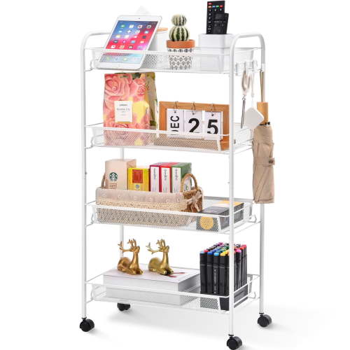 KK KINGRACK 4 Tier Metal Rolling Cart, Storage Cart with Wheels, Utility Cart for Office,School, Organize, White