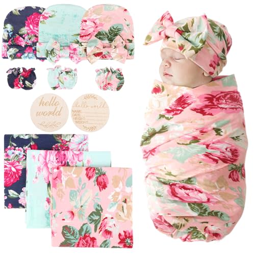 DRESHOW BQUBO Floral Swaddles for Baby Girl Newborn Receiving Blanket with Bow Hat Mittens Wooden Birth Announcement Card Set Baby Floral Print Swaddle Nursery Swaddle Wrap
