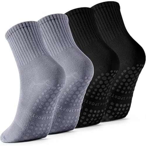 4 Pairs Pilates Socks with Grips for Women, Barre Yoga Grippy Socks, Womens Non Slip Pilates Crew Sticky Socks