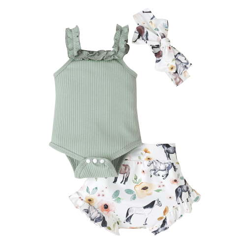 3Pcs Newborn Baby Girl Western Outfits Sleeveless Ribbed Knit Romper Cow Print Ruffle Shorts Headband Clothes Set