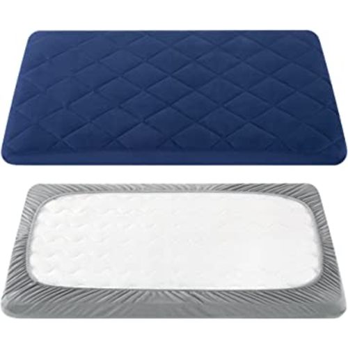 TILLYOU 2 Pack Cloudy Soft Pack N Play Sheets Fitted Quilted, Breathable Thick Play Yard Playpen Sheets, 39"x27"x5" Fits Mini/Portable Crib Mattress Pack N Play Mattress Pad, Gray & Navy