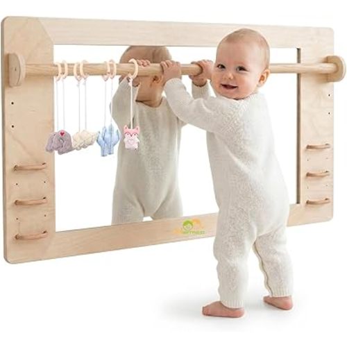Coordination Montessori Toddler Mirror with Handle Wooden Shatterproof Acrylic Non Glass Safety Early Learning to Walk Standing Mirror for Babies Nursery Playroom Wall Mounted 47.24"