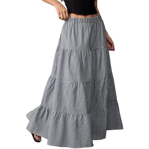 TITOMD Womens Maxi Skirt Summer Casual Vacation Outfits Elastic High Waist Flared Ruffle Flowy Boho Long Skirts
