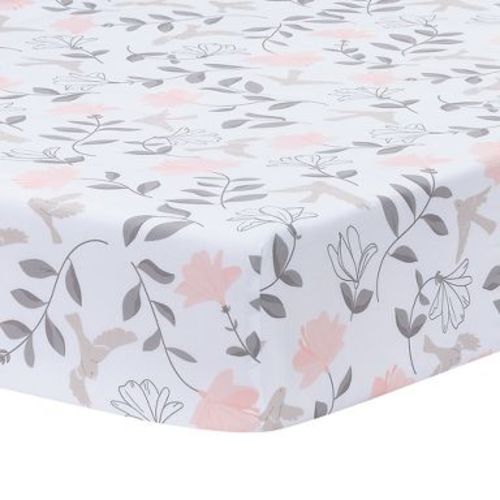 Lambs & Ivy Petals White/Pink/Gray Floral 100% Cotton Fitted Crib/Toddler Sheet