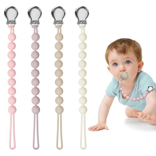 Pacifier Clips for Baby Girl Boy, Silicone Binky Holder for MAM Pacifiers, Baby Newborn Essentials Shower Birthday Gift (4-Pack)