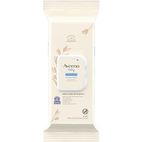 Aveeno Baby Sensitive All Over Wipes with Aloe & Natural Oat Extract for Face, Bottom, Hands & Body, pH-Balanced, Hypoallergenic, Fragrance-, Phenoxyethanol- & Alcohol-Free, 64 ct