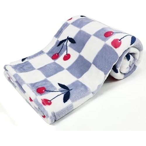 30x40 Inch Cherry Throw Blanket, Soft Cozy Plush Blue Checkered Toddler Blanket for Girls, Ideal for Stroller Crib Bedding and Baby Gift