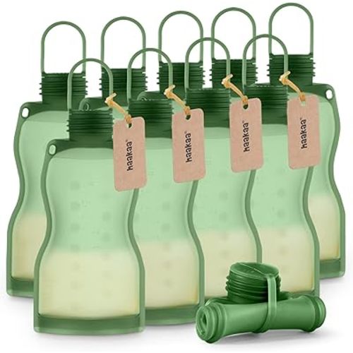 haakaa Silicone Breast Milk Storage Bag 9 oz- Reusable Milk Collector Freezer Bag for Breastfeeding Mom - Baby Food Storing Yummy Pouch - Breast Pump Bag - 10 Count,Pea Green