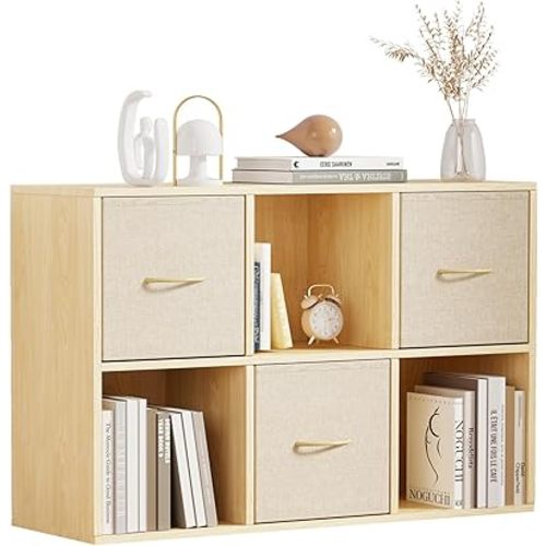6 Cube Storage Organizer - Solid Wood Bookshelf with 3 Storage Bins, Cube Shelf with 2 Removable Back Panels, Vertical or Horizontal Bookcase, Open Book Shelf for Bedroom, Living Room, Office