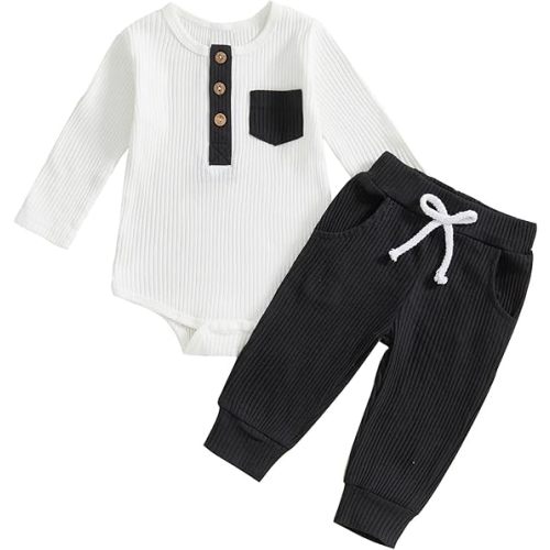 fhutpw Baby Boy Clothes 3 6 12 18 Months Ribbed Knitted Long Sleeve Romper and Pants Sets Newborn Fall Splicing Color Outfits