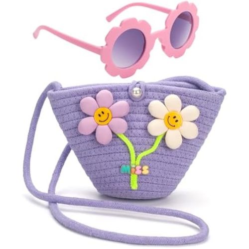 Kids Purse for Girls Age 2-14, Purple Toddler Purse with Beaded and Flowers, Kids Crossbody Bag Gifts for Christmas, Birthday