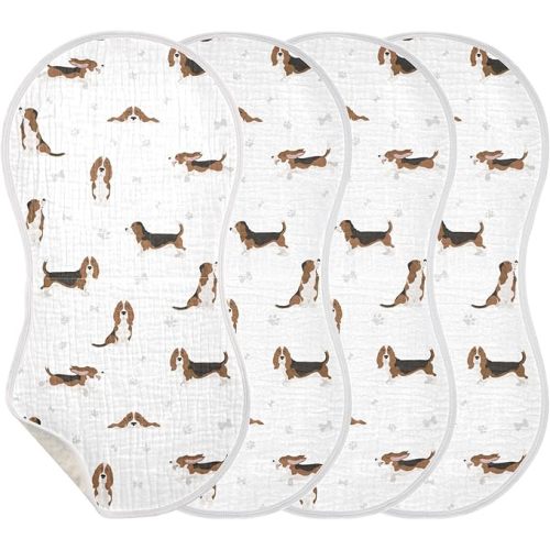 Basset Hound Dog Pattern Muslin Burp Cloths for Baby 4 Pack Soft 100% Cotton Baby Washcloths Bibs for Boy Girl