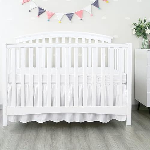 Crib Bed Skirt 28” x 52” with 14” Drop Pleated Dust Ruffle for Baby Boys Girls Elastic Adjustable Fit Toddler Bedskirt Easy On/Off Soft Nursery Standard Crib Bedding Skirts Solid White Crib Skirt