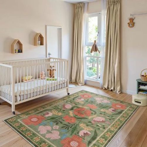 Washable Green Floral Area Rug 5x7, Colorful Cottagecore Nursery Rug, Soft Boho Flower Carpet for Girls Living Kids Room Playroom Dorm Apartment Decor