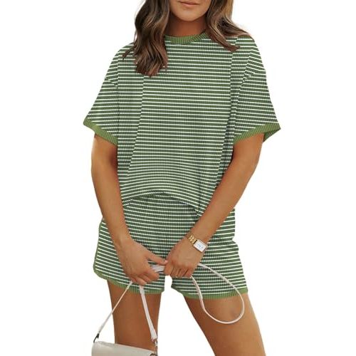 MARZXIN Women 2 Piece Short Set with Vertical Stripes Summer Cruise Outfits | 2026 Short Sleeve Postpartum Maternity Matching Set Daily Wear Vacation Travel Airport Outings Pocket