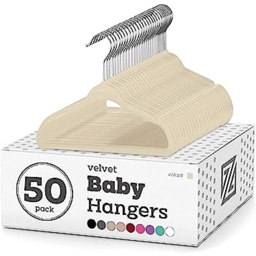 Zober Velvet Baby Hangers for Closet - Pack of 50 Non Slip Toddler Hangers for Shirts, Pants & Dresses w/Swivel Hook - Durable Infant Hangers w/Notches - Small Kids Hangers - Ivory