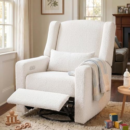 Power Nursery Recliner Rocking Chair with Waist Pillow, Comfy Teddy Farbric, High Back & Lumbar Support Swivel Gilder Recliner for Adults, Living Room, Rocking Chair Nursery USB Charging, Beige