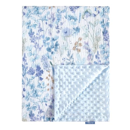 TILLYOU Baby Blankets for Girls Boys, Receiving Baby Blanket with Double Layer Soft Plush, Minky Muslin Cotton Front and Dotted Backing 30"x40", Blue Flower