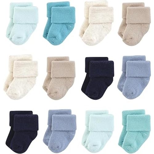 Hudson Baby Baby Infant Boy Cotton Rich Newborn and Terry Socks, Blue Teal Neutral, 6-12 Months
