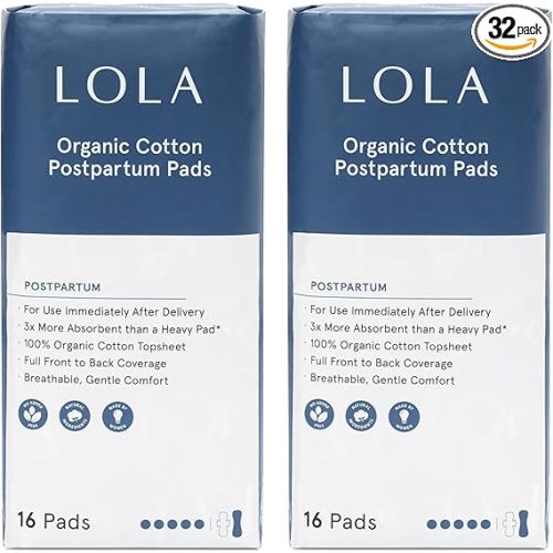 LOLA Organic Cotton Postpartum Pads - Max Absorbency Pads for Postpartum Bleeding - Extra-Long Overnight Liners for Women - Hospital Bag Essentials - 32 Count, Unscented