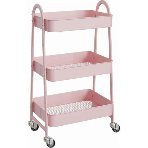 Sybels 3-Tier Rolling Cart with Locking Wheels, Heavy Duty Metal Utility Organizer for Kitchen, Bathroom & Office, Pink