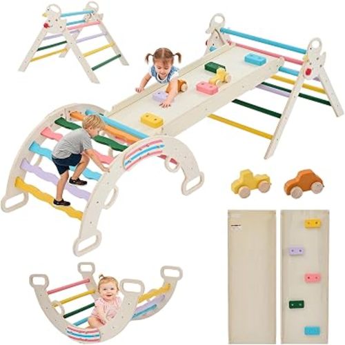 Pikler Triangle Set, Toddler Climbing Toys and Play Structure Indoor, 9-in-1 Wooden Montessori Climbing Set with Arch, Ramp and Ladder, Foldable Baby Jungle Gym, Multicolored
