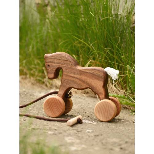 Personalized Dark Horse Pull & push wooden toy, Animal on wheels for toddler, Montessori Educational toy for 1 2 year, Baby boy girl gift