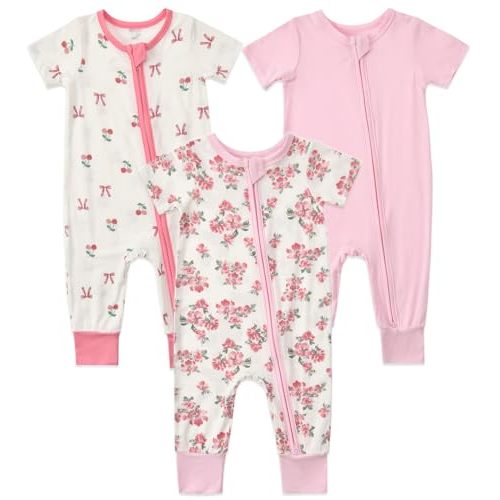 Aablexema Baby Short Sleeve Footless Romper 3-Pack Rayon of Bamboo 2 Way Zipper One Piece Pajamas Jumpsuits for Boys Girls