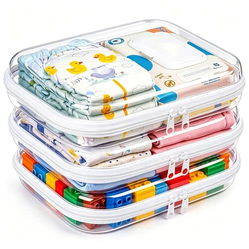 3 Pack Diaper Bag Organizer Pouches, Clear Hard Shell Zipper Cases for Travel, Makeup Bag, Toiletry Bag, Toy Storage Bins, Waterproof Storage Box for Pacifier Snacks Wipes Clothes Baby Essentials