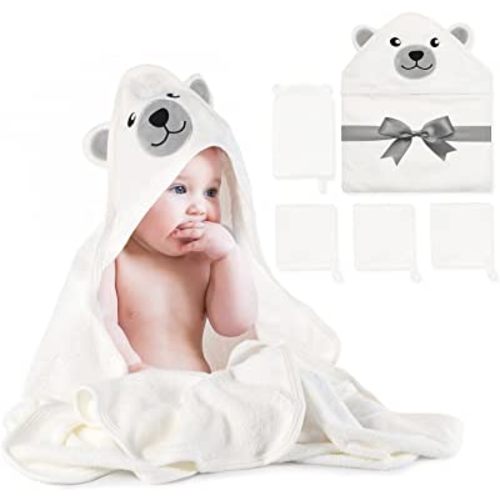 Momcozy Bamboo Baby Bath Towel Set 5pcs, Baby Towel with Hood 1pcs, Baby Washcloth 3pcs, Baby Bath Glove 1pcs, Extremely Soft, Breathable, Suitable for Girls and Boys