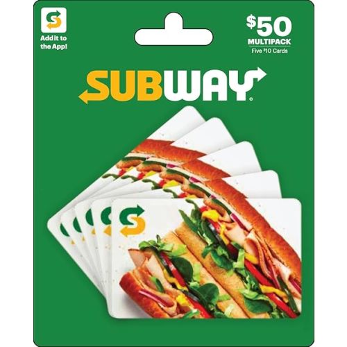 SUBWAY Physical Gift Cards (Multipack of 5 x $10) - $50