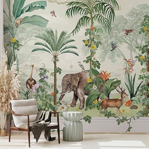Zeeko Large Tropical Rainforest Wallpaper Peel and Stick 148" Wx110 H Jungle Safari Animals Wall Murals for Nursery Boys Girls Green Cartoon Forest Mural Kids Room Wallpaper Canvas Wall Decor
