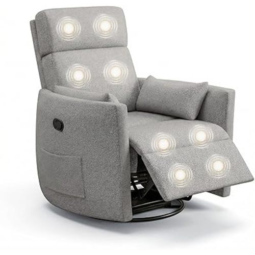 JUMMICO 360° Swivel Recliner Chair, Comfy Loop Yarn Fabric Nursery Rocking Chair with Vibration Massage, Manual Glider Nursing Chair with Side Pockets and 2 Pillows for Living Room Nursery (Grey)