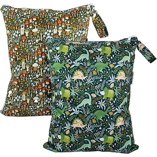 Mama Koala Wet Dry Bags, Portable Washable Reusable Baby Cloth Diapers Bags, 2pcs Medium Size for Travel Beach Laundry Pool Gym Yoga (WB-Forest)