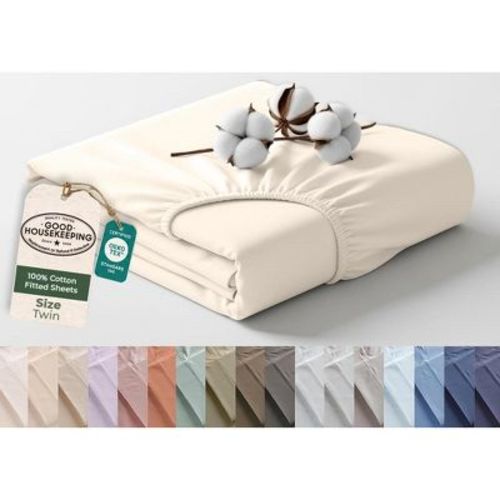 Royale Linens 100% Cotton Twin Fitted Sheet - Percale Weave - Cream Elastic Sheet - Twin Size Fitted Sheets - (39"x75"+15", Cream)