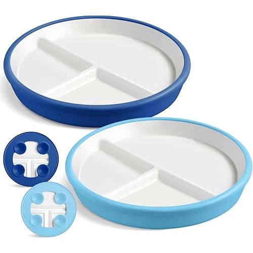 Domensi 2 Sets 8 Inch Kids Porcelain Plates with Silicone Suction Sleeve Antislip White Ceramic Divided Toddler Plates Microwave Dishwasher Safe for Baby Children Feeding Supplies (Blue,White)