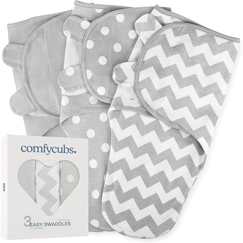 Comfy Cubs Easy Swaddle Blanket, 3 Pack - 100% Cotton Newborn Wrap, Small for 0-3 Months Infants, Breathable and Durable Sleep Sack for Babies - Grey