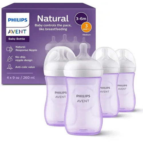 Philips Avent Natural Baby Bottle With Natural Response Nipple, Purple, 9oz 4pk, SCY903/34