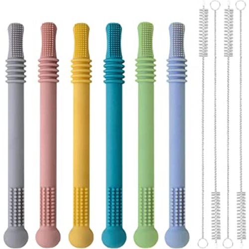 Hollow Molar Teether, Silicone Baby Teething Toy, Teethers for Babies Boys and Girls, with 4 Cleaning Brush, BPA Free/Freezable (6 Pack)