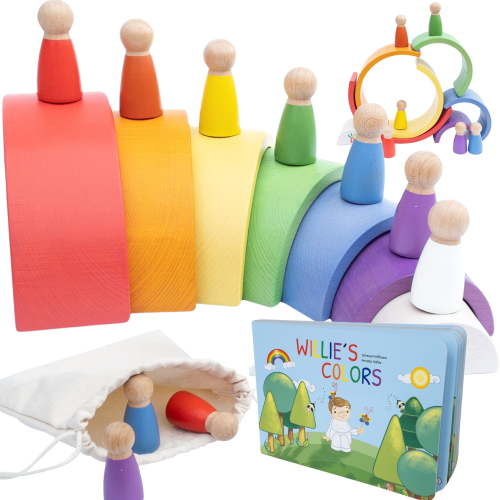 Wooden Rainbow Toy _ Montessori Open-Ended Nesting Stacking Set w/ 16 Pieces