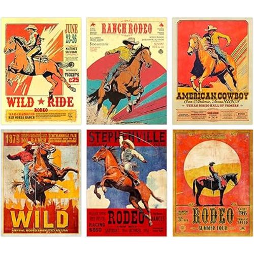 Wallbuddy Rodeo Cowboy Set of 6 Posters | Western Wall Art Prints Rustic Ranch Wild West Horse Riding Artwork | Retro Country Barn Farmhouse Americana Decor for Office Bars Man Caves (12x16)