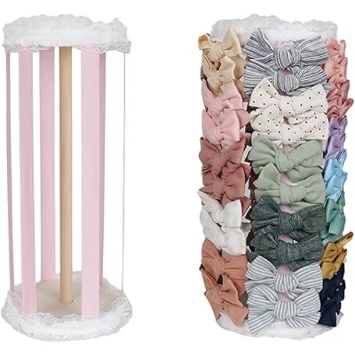 Munzong Pink Bow Holder for Girls, Hair Clip & Hair Accessories Organizer for Baby Girls,Bows Organizer 360° Rotating Stand for Baby Nursery Toddler Room Decor