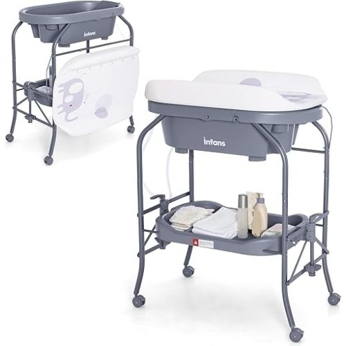 INFANS 2 in 1 Baby Changing Table with Bath Tub Unit, Folding Diaper Dresser Station with Wheels Waterproof Pad Storage Rack, Portable Nursery Organizer Stand for Newborn Infant