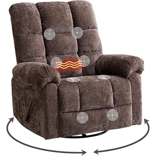 Oversized Swivel Rocker Recliner with Heat and Massage, Overstuffed Swivel Rocking Chair for Living Room,Manual Rocker Recliner,Comfy Soft Fabric Recliner Sofa Chair,Coffee